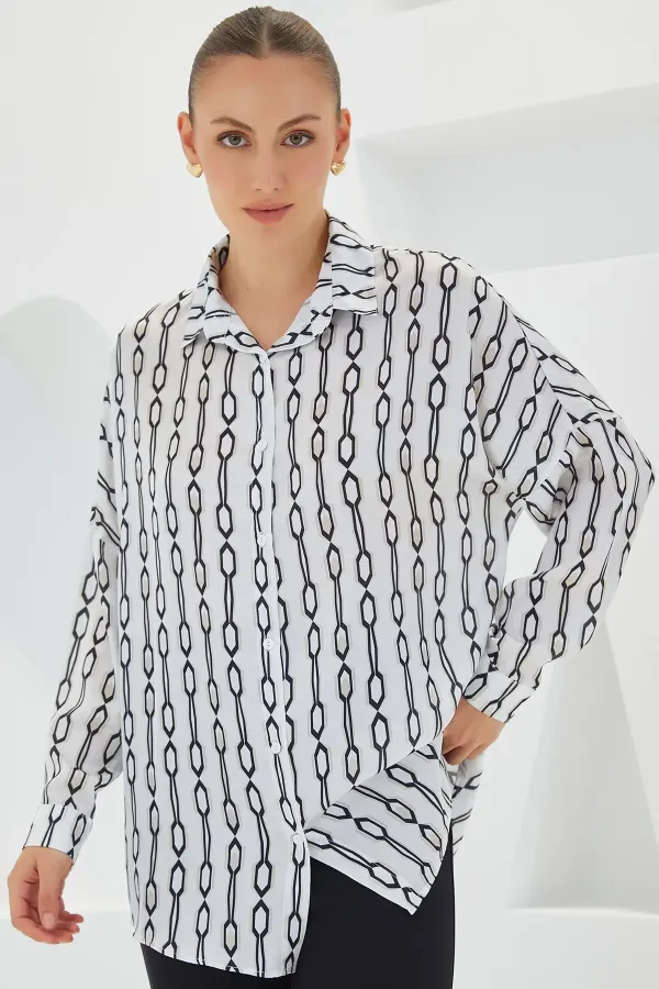 Women's Black and White Patterned Oversize Satin Shirt 3985
