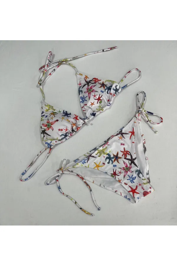 Ensemble bikini triangle dos nu à motif étoile blanche pour femme HZL25S-LC5005