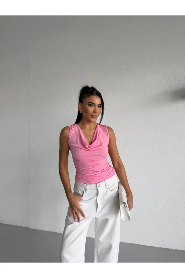 Women's Pink V-Neck Sandy Blouse with Side Drapes HZL25S-FRY123131 Women's Pink V-Neck Sandy Blouse with Side Drapes HZL25S-FRY123131