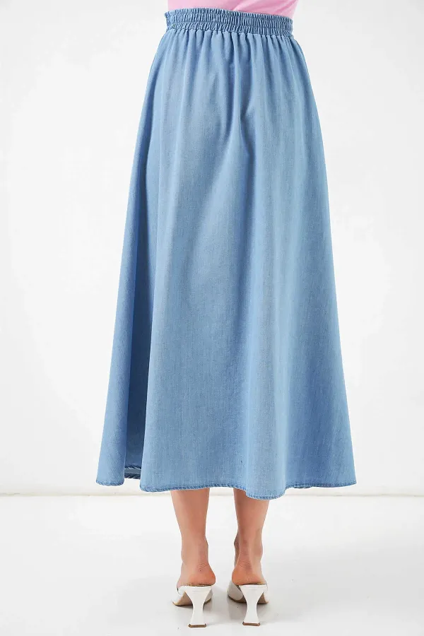 Women's Light Blue Elastic Waist Long Denim Skirt HZL26W-BD180621