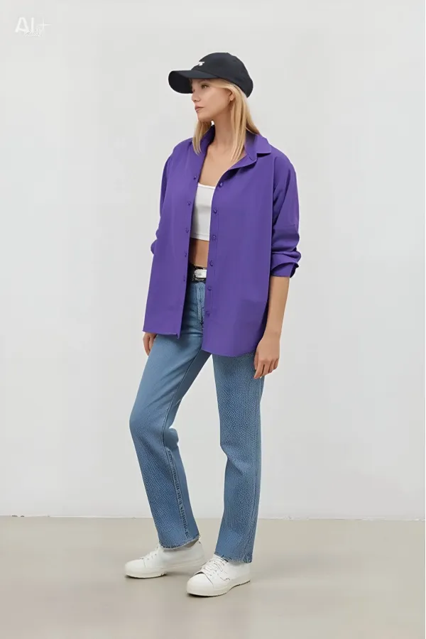 Kadın Mor Oversize Uzun Basic Gömlek Hzl22w-bd139001
