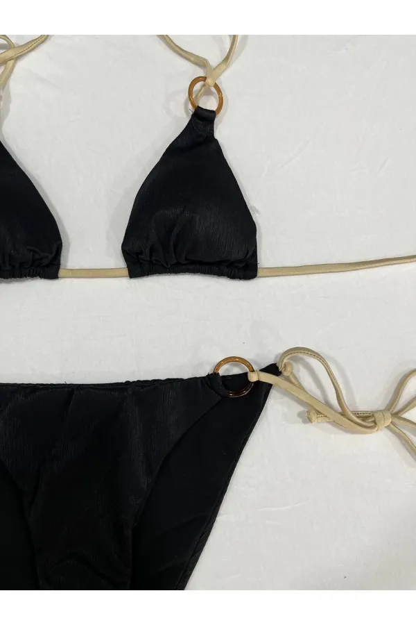Kadın Siyah Halka Detaylı İp Bağlamalı Astarlı Bikini Takım HZL25S-AR1617