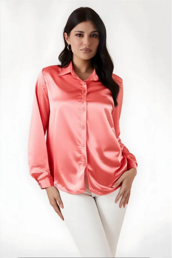 Kadın Somon Hafif Dökümlü Saten Yüzeyli Gömlek HZL22W-BD139641