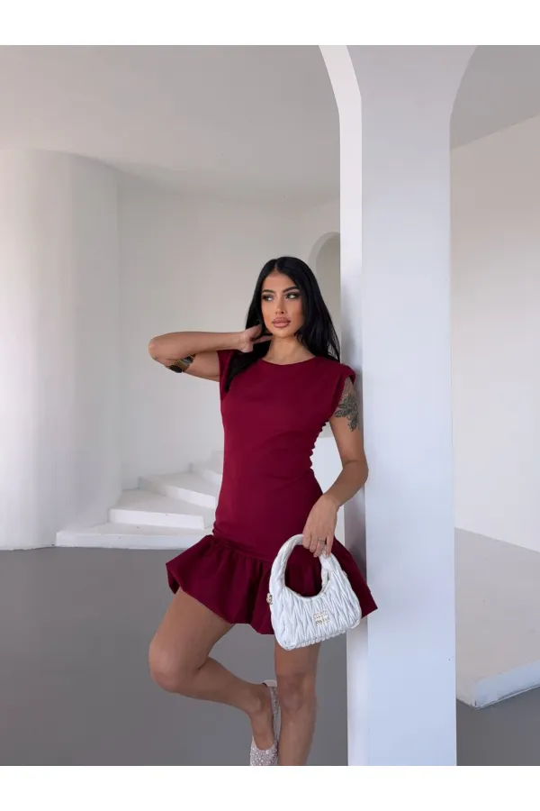 Kadın Bordo Vatkalı İthal Dooble Kumaş Kolsuz Mini Elbise HZL25S-FRY12274