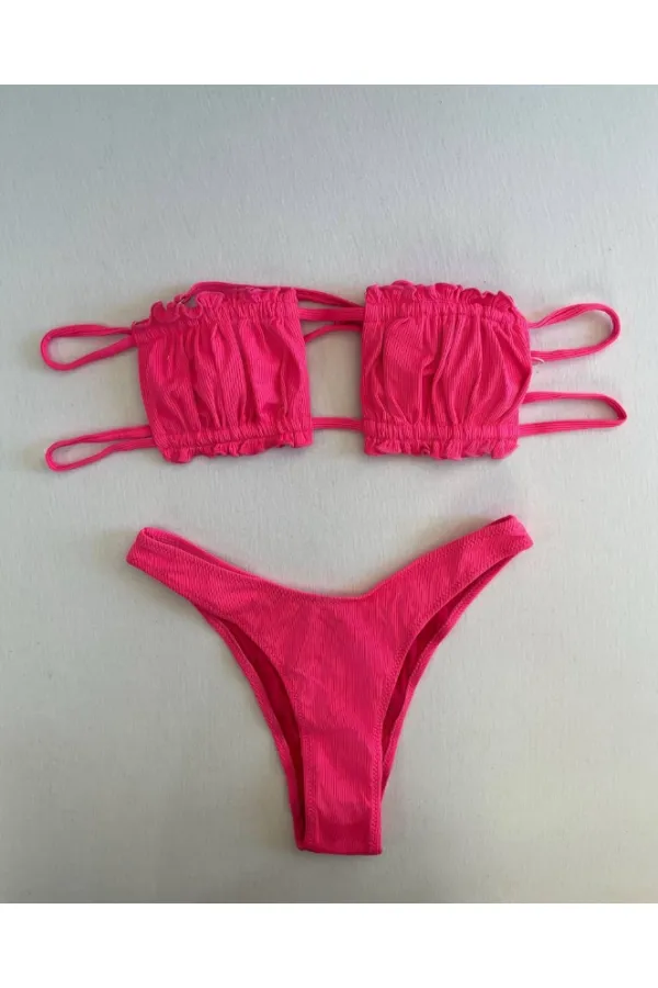 Kadın Pembe İp Bağlamalı Büzgülü Straplez Bikini Takım HZL25S-LC2226