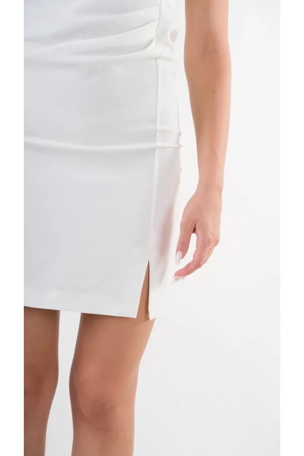 Kadın Beyaz V Yaka Yırtmaç Detaylı Kolsuz Elbise HZL24S-YY272