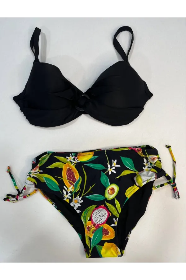 Women's Black Accessory Detailed Tropical Pattern Bikini Set HZL25S-LC3343
