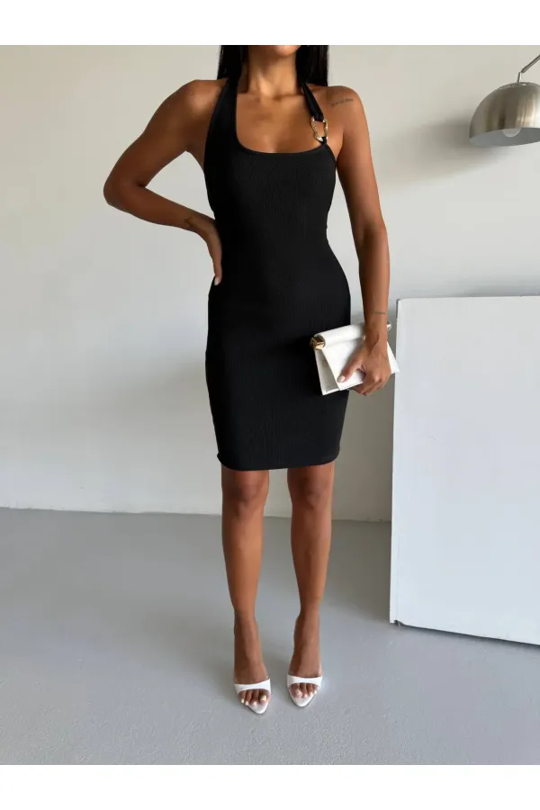 Women's Black Ottoman Fabric Halter Neck Buckle Detail Dress HZL26W-FRY123411