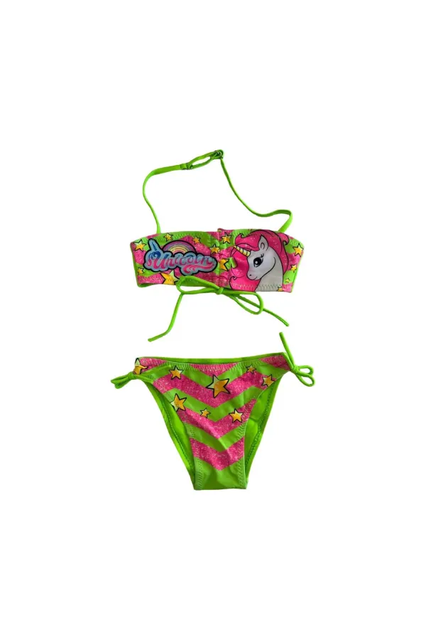 Girl Neon Green Unicorn Patterned 2-8 Years Strapless Bikini Set HZL24S-LC3658