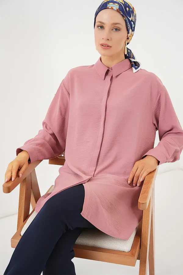 Kadın Uzun Gömlek Tunik 5945 - Pudra