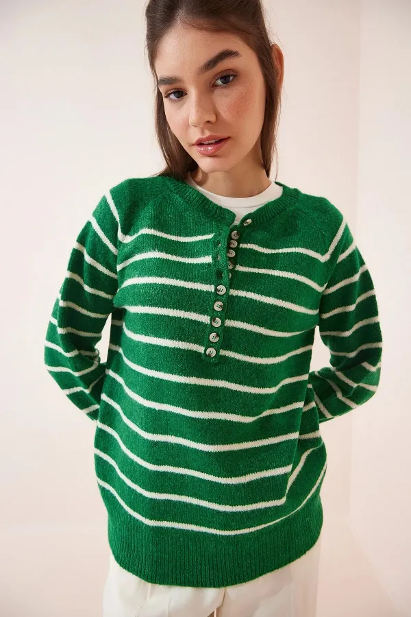 Pull rayé vert foncé à manches ballon et col boutonné pour femme HZL23W-BD1101491