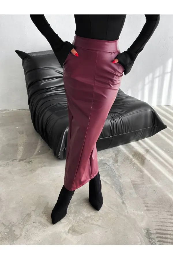 Women's Burgundy Back Slit Zippered Pocket Pencil Skirt HZL25W-FRY122431