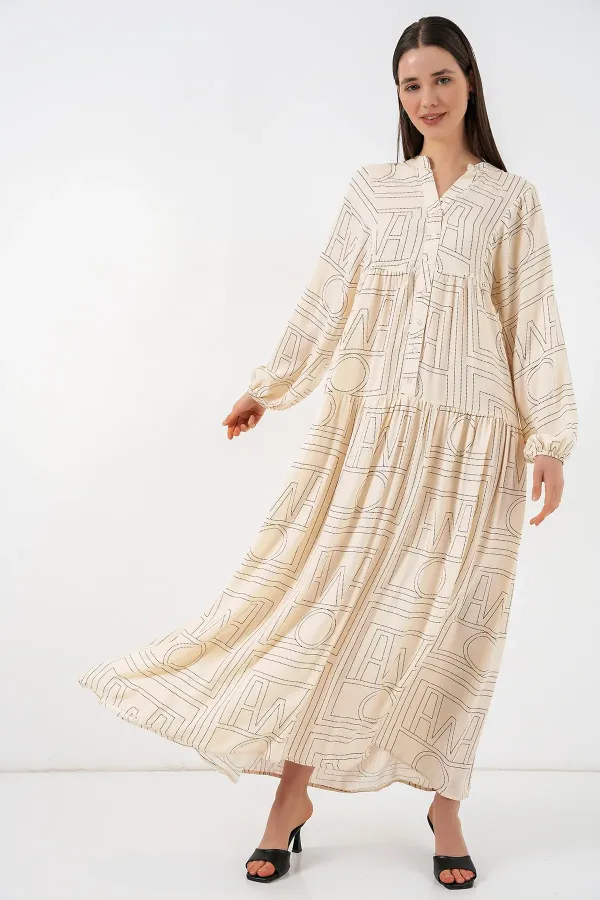 Kadın Desenli Uzun Tesettür Elbise 2585 - Düz Krem