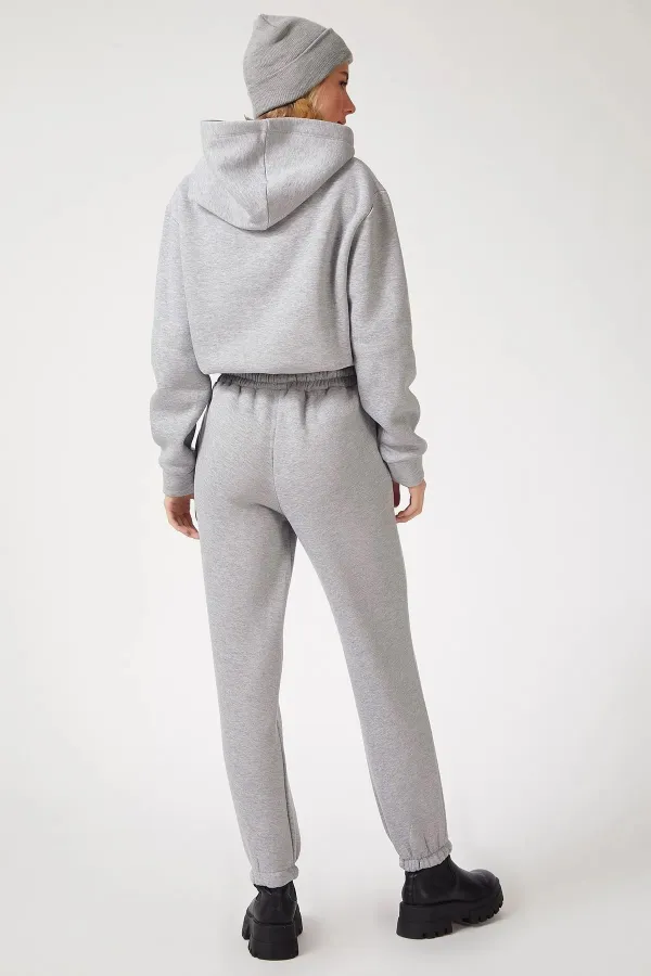 Kadın Gri Nasa Baskılı Kapüşonlu Polarlı Üstü Crop İçi Şardonlu Eşofman Takımı HZL23W-BD1553131