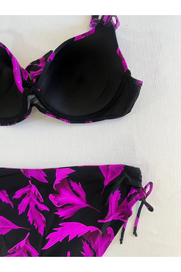 Kadın Siyah Mor Taş İşlemeli Büyük Beden Bikini Takım HZL25S-LC3337