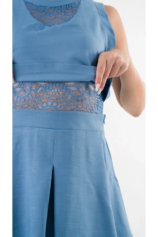 Kadın İndigo Mavi Dantel Desenli Bisiklet Yaka Kolsuz Astarlı Elbise HZL24S-YY10021