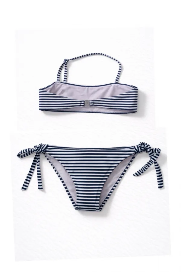 Kız Çocuk Lacivert Beyaz Çizgili Arı Çıkartmalı 4-12 Yaş Straplez Bikini Takım HZL24S-LC3228
