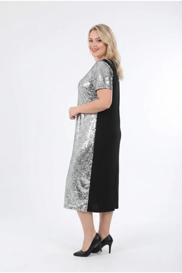 Kadın Gümüş Büyük Beden Payetli Uzun Abiye Elbise Şık Elbise HZL26S-PR11111