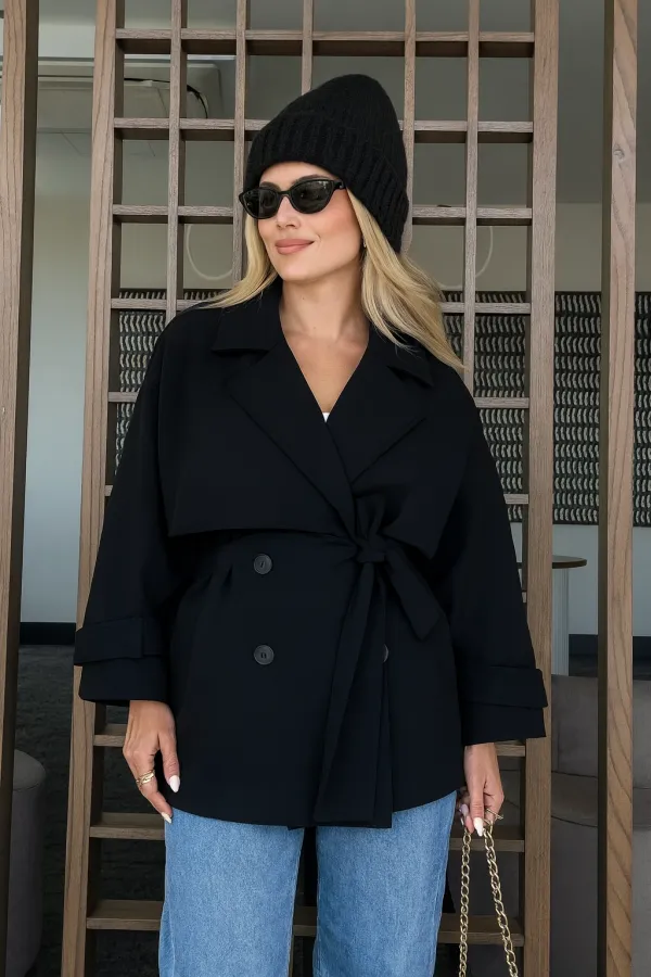 Women's Black Premium Midi Length Lined Cashmere Coat HZL25W-BD191571