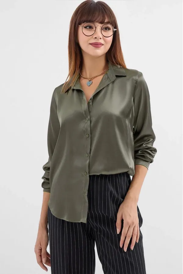 Chemise hijab kaki satinée pour femme HZL25W-BD139641