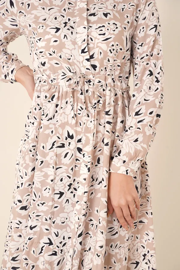 Kadın Bej Desenli Hakim Yaka Yazlık Uzun Elbise HZL25W-BD122971