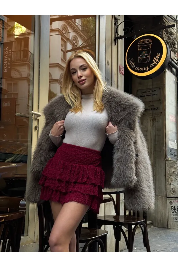 Kadın Bordo Katlı Dantelli Astarlı Mini Etek HZL25W-ZK13481