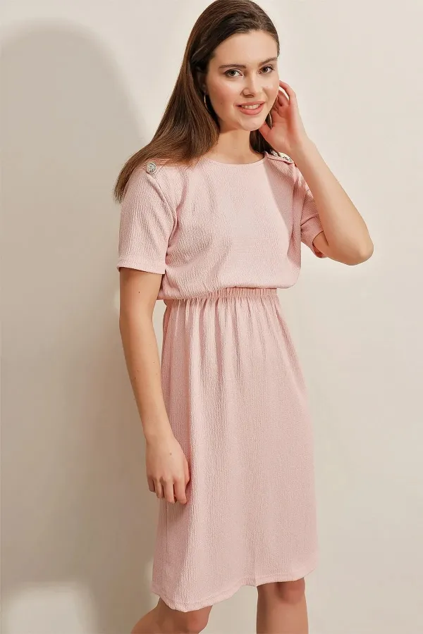 Women's Pink Elastic Waist Button Detailed Casual Knit Dress HZL22S-BD123751