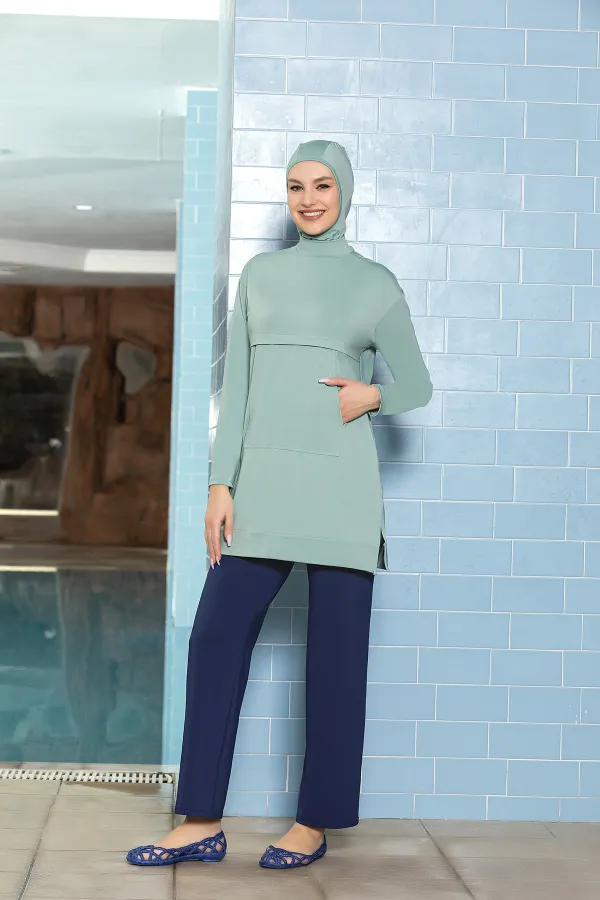 Women's Hijab Mint Green Pocketed Long Sleeve Fully Covered Tights Lycra Dress Swimsuit HZL24S-AR1254-45