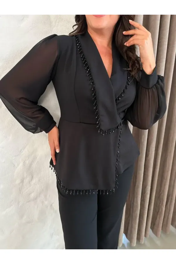 Kadın Siyah Büyük Beden Taş İşlemeli Şifon Kol Alt Üst Abiye Takım HZL26S-PR10151
