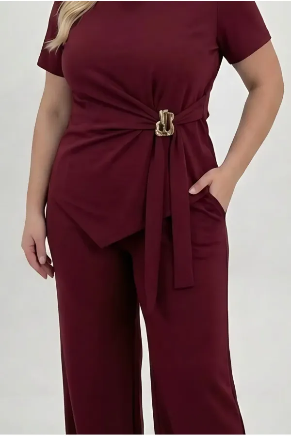 Women's Burgundy Plus Size Modal Fabric Top and Bottom Set with Gold Buckle Detail HZL26S-ZSS111291 Women's Burgundy Plus Size Modal Fabric Top and Bottom Set with Gold Buckle Detail HZL26S-ZSS111291