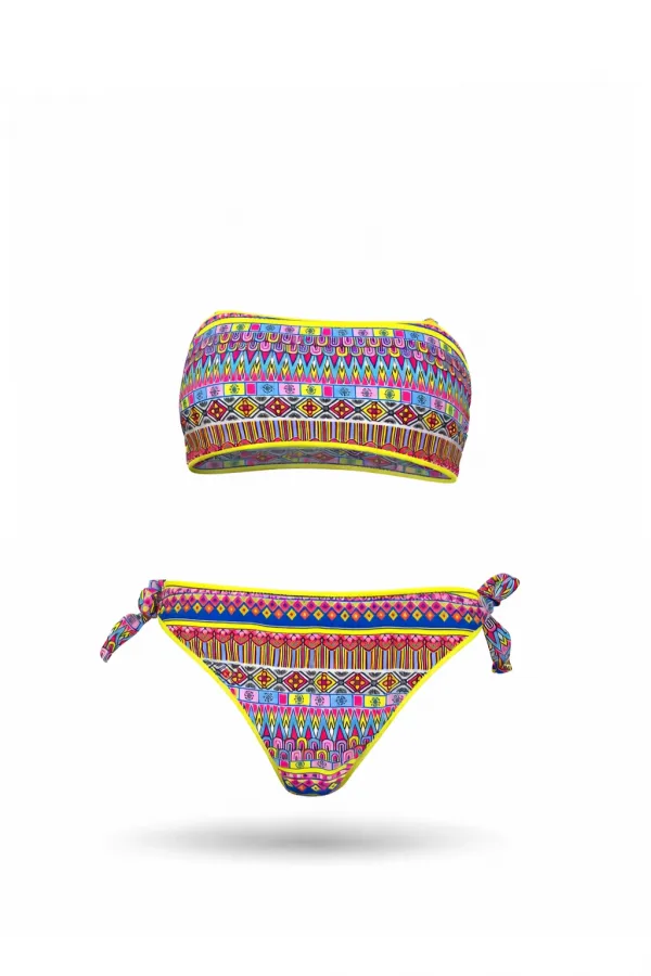 Kız Çocuk Mavi Neon Sarı Çok Renkli Astarlı 4-12 Yaş Straplez Bikini Takım HZL24S-LC6355