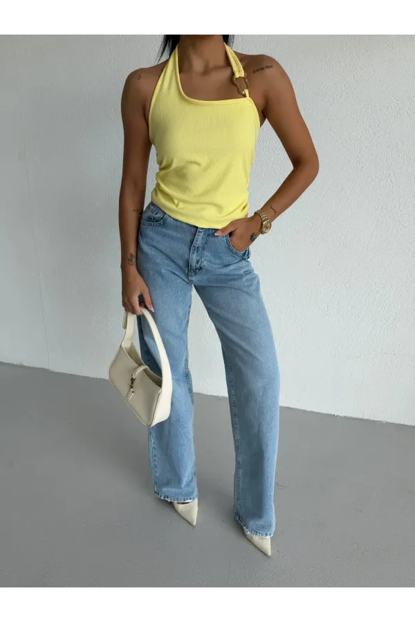 Kadın Sarı Ottoman Kumaş Halter Yaka Toka Detay Bluz HZL26W-FRY123321
