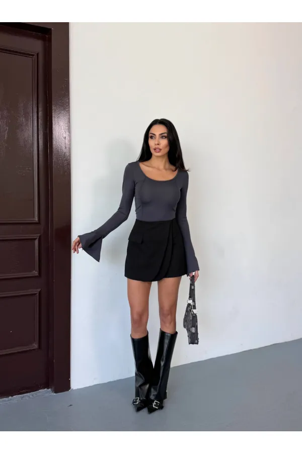 Kadın Antrasit Uzun Kollu Arkası Bağlamalı Fit Kesim Crop Bluz HZL25W-FRY122771