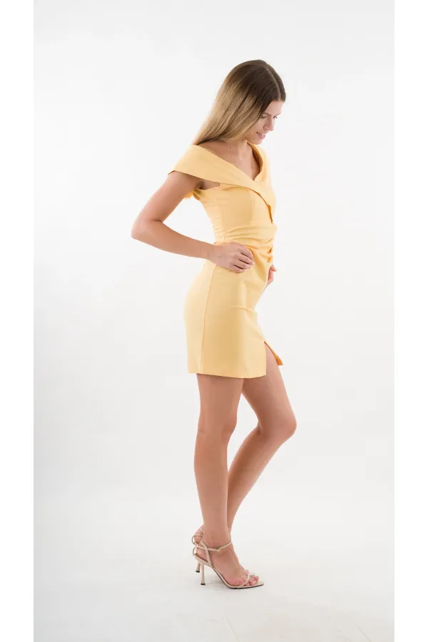 Kadın Sarı V Yaka Yırtmaç Detaylı Kolsuz Elbise HZL24S-YY272