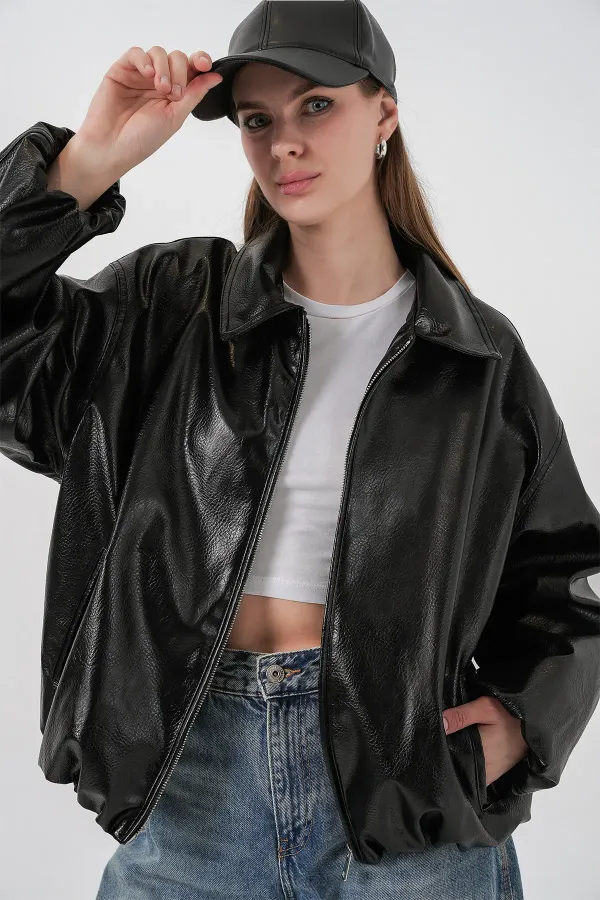 Veste oversize en similicuir pour femme 1049 - Noire