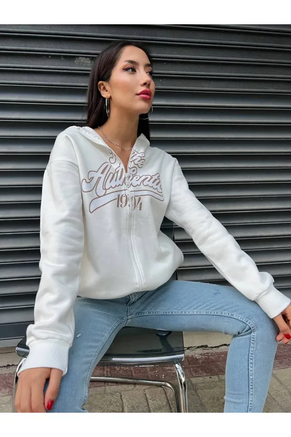 Kadın Beyaz Baskılı Kapüşonlu Fermuarlı Oversize Sweatshirt HZL24W-ZK12741