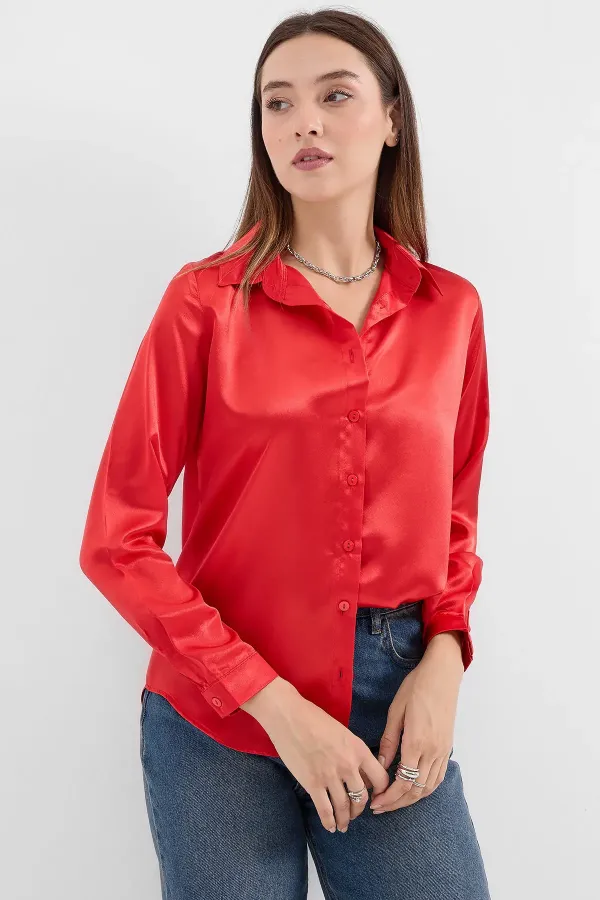 3964 Lightly Draped Satin Shirt - Burgundy