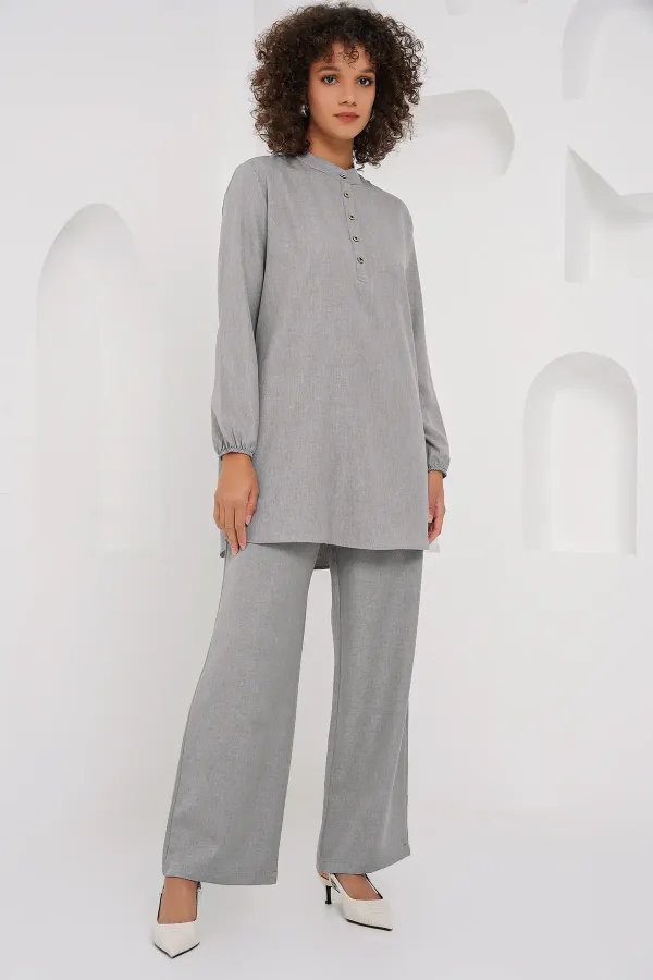 6678 Keten Tunik Pantolon İkili Takım - Gri