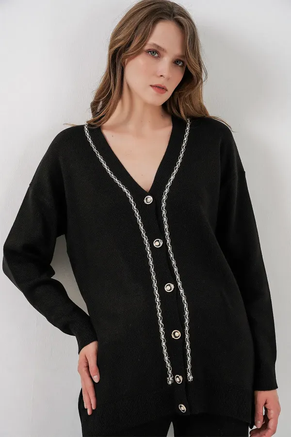 Ensemble deux pièces pour femme : cardigan, pantalon et tricot 15956 - Noir