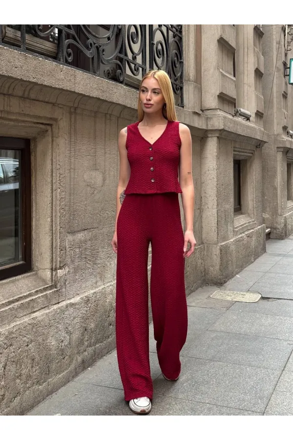 Kadın Bordo Beli Lastilkli Gofre Kumaş Pantolon HZL24S-ZK13261