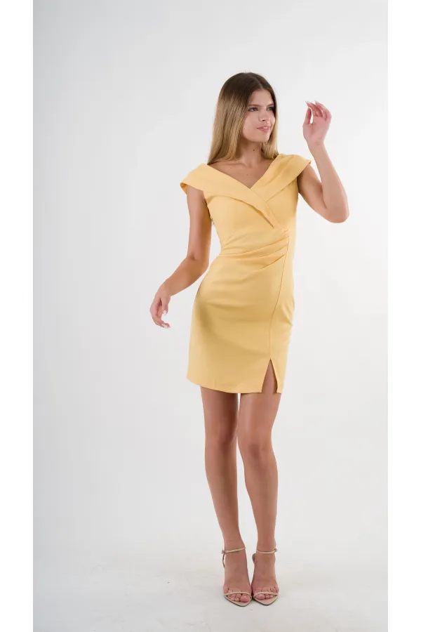 Kadın Sarı V Yaka Yırtmaç Detaylı Kolsuz Elbise HZL24S-YY272