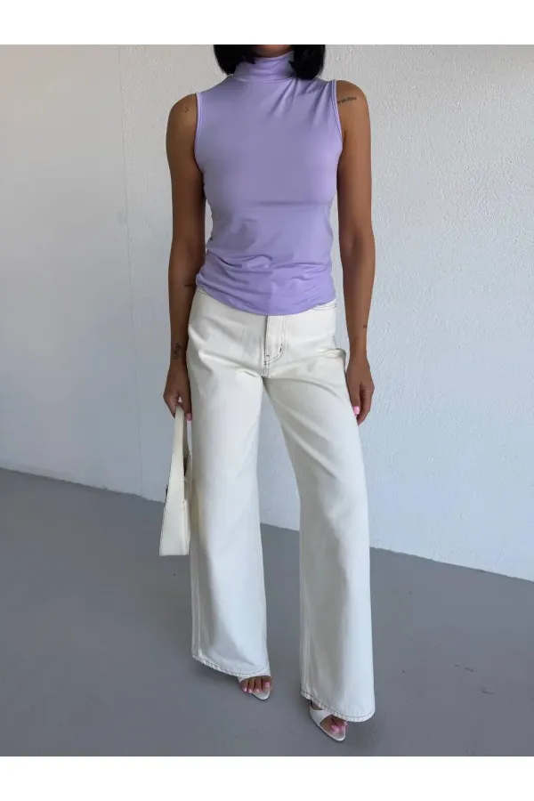 Women's Lilac Turtleneck Sleeveless Sandy Crop Blouse HZL26S-FRY123931 Women's Lilac Turtleneck Sleeveless Sandy Crop Blouse HZL26S-FRY123931