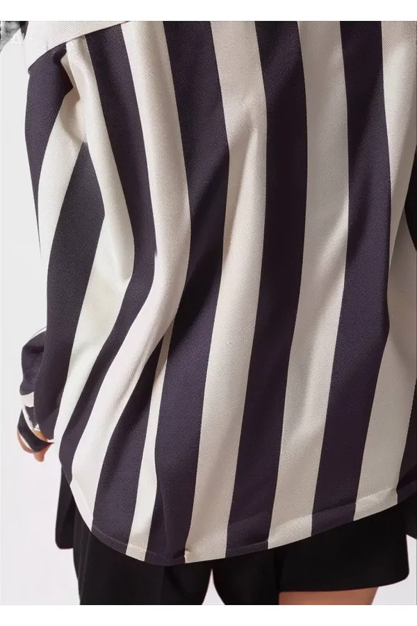 Kadın Siyah Krem Çizgili Saten Gömlek HZL23S-BD1201731