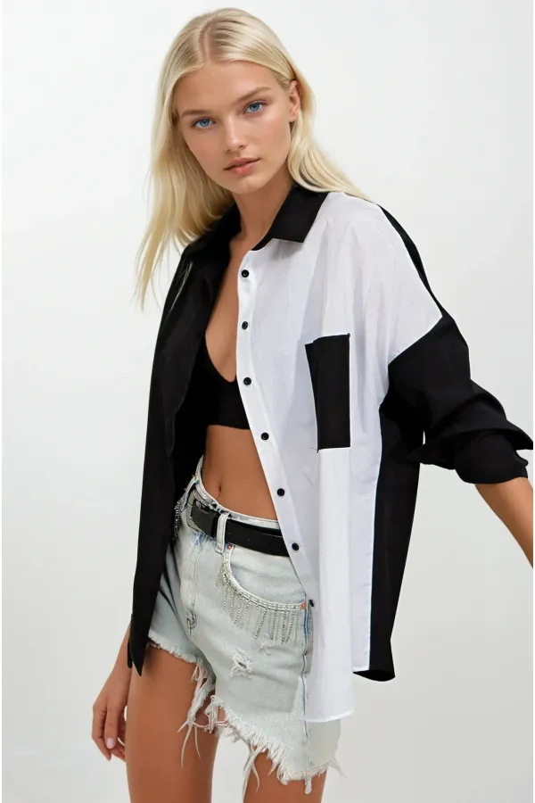 Kadın Siyah Beyaz Renk Bloklu Poplin Basic Gömlek HZL22S-BD1201161