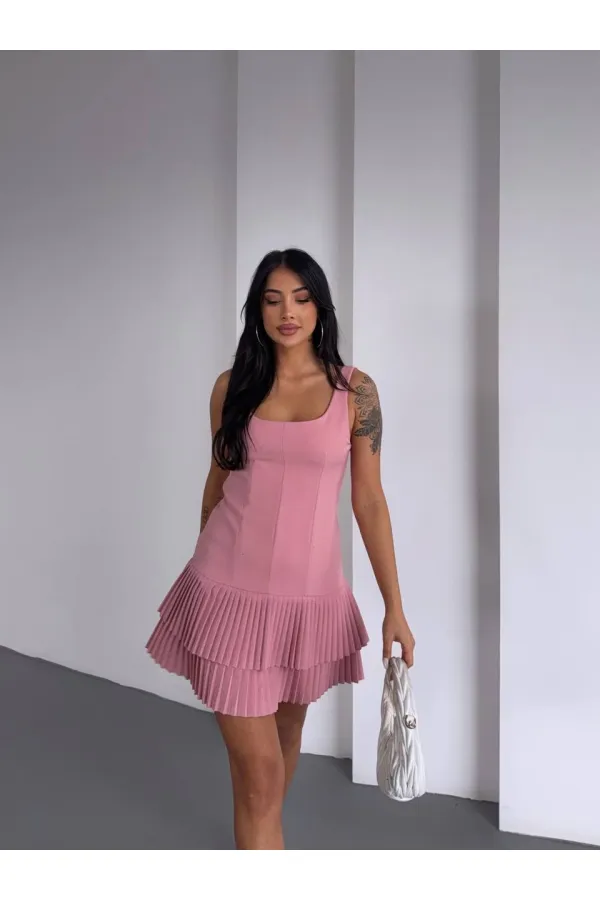 Kadın Pembe Pileli Şortlu Mini Elbise HZL25S-FRY122991