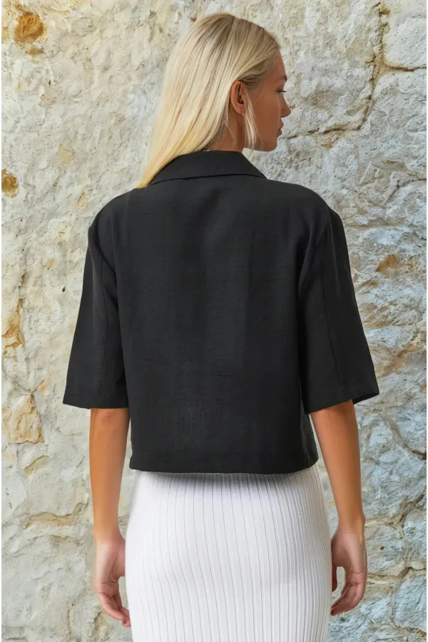 Veste Ayrobin en lin noir à manches courtes et col châle pour femme, boutonnée, HZL24S-BD107061