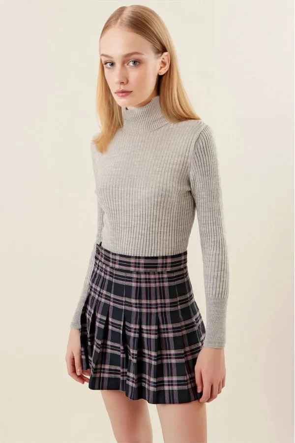 Pull col roulé côtelé gris pour femme HZL22W-BD1445001