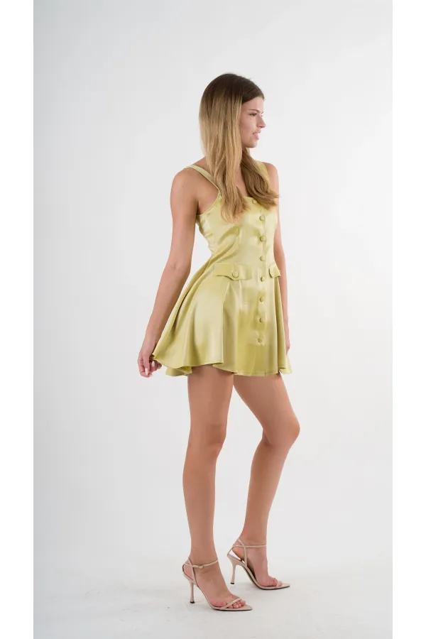 Women's Pistachio Green Straped Front Buttoned Pocket Elastic Waist Shorts Dress HZL24S-YY197