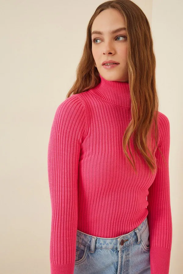 Pull col roulé côtelé fuchsia pour femme HZL22W-BD1445001