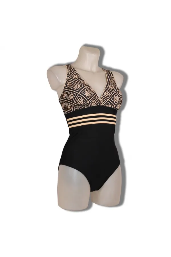 Kadın Siyah Krem Etnik Desenli Astarlı Mayo HZL25S-LC25115